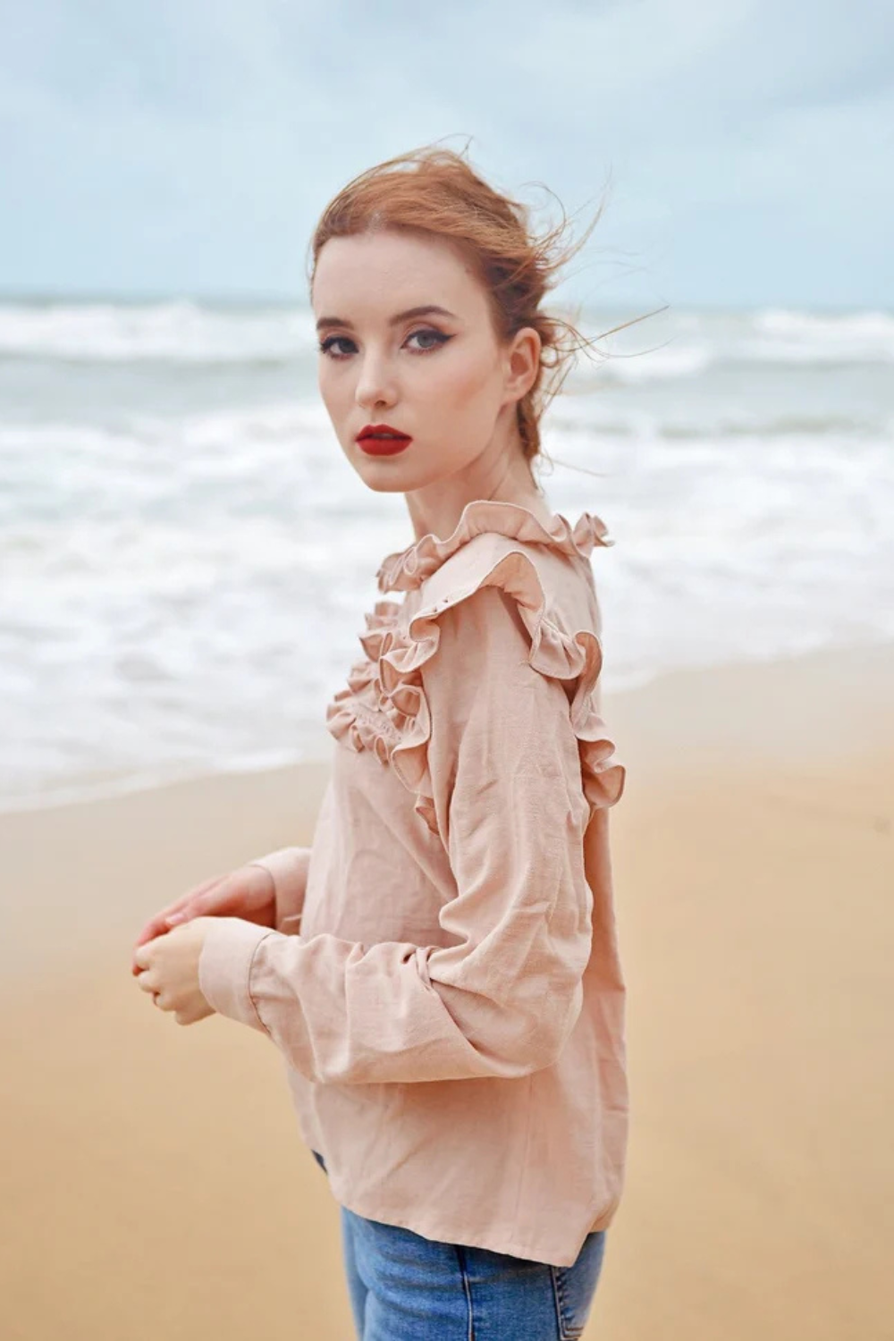 Cotton Linen Blouse with Ruffled Bib