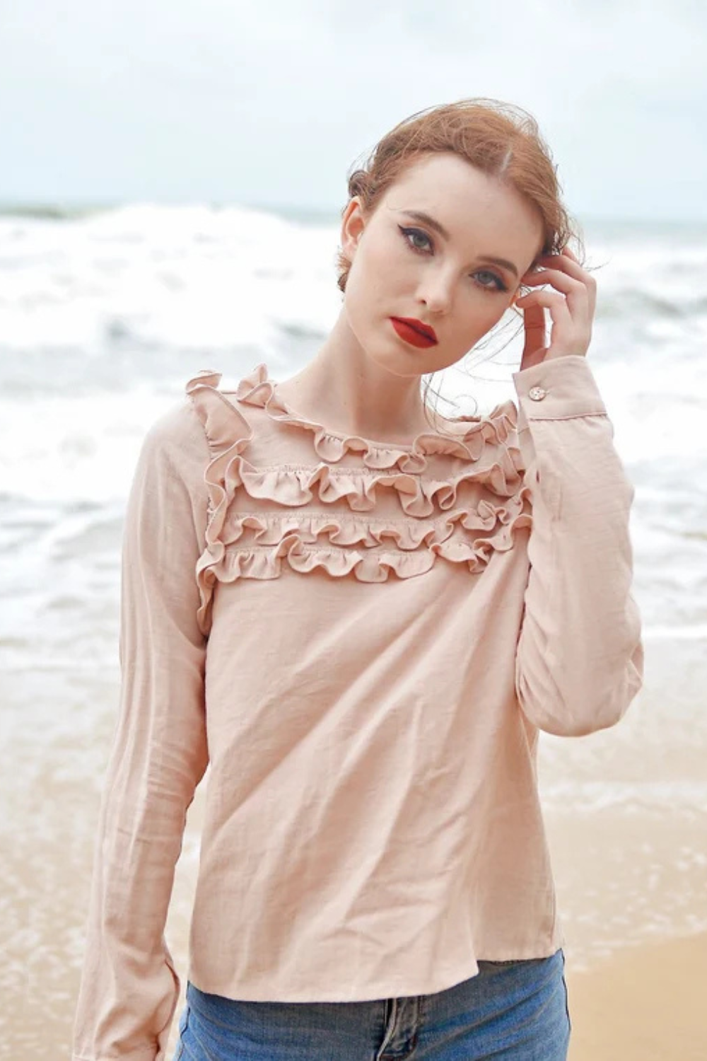 Cotton Linen Blouse with Ruffled Bib