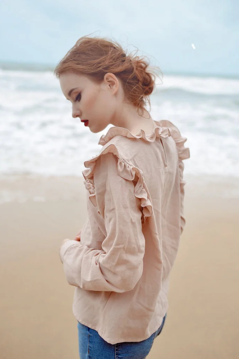 Cotton Linen Blouse with Ruffled Bib