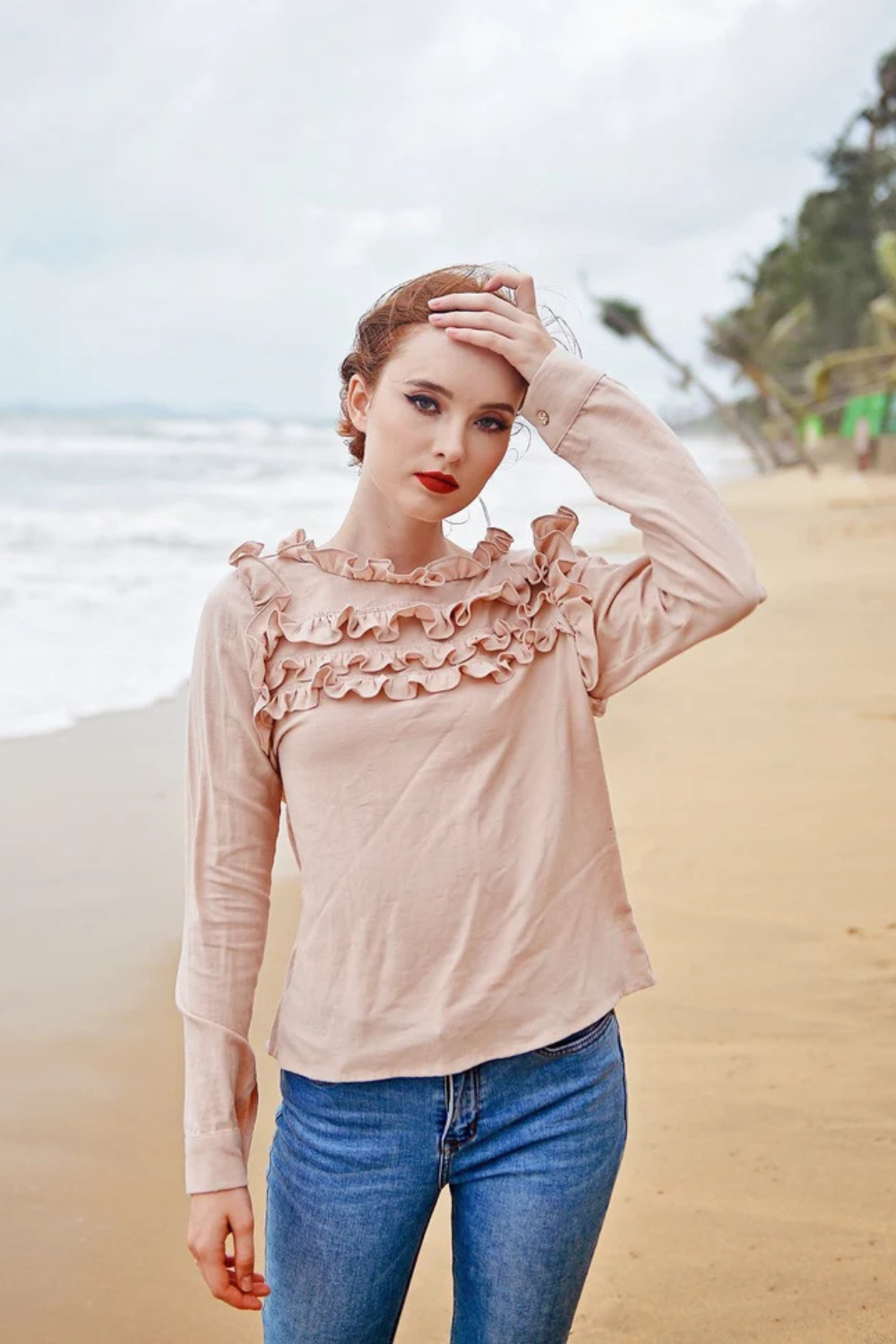 Cotton Linen Blouse with Ruffled Bib