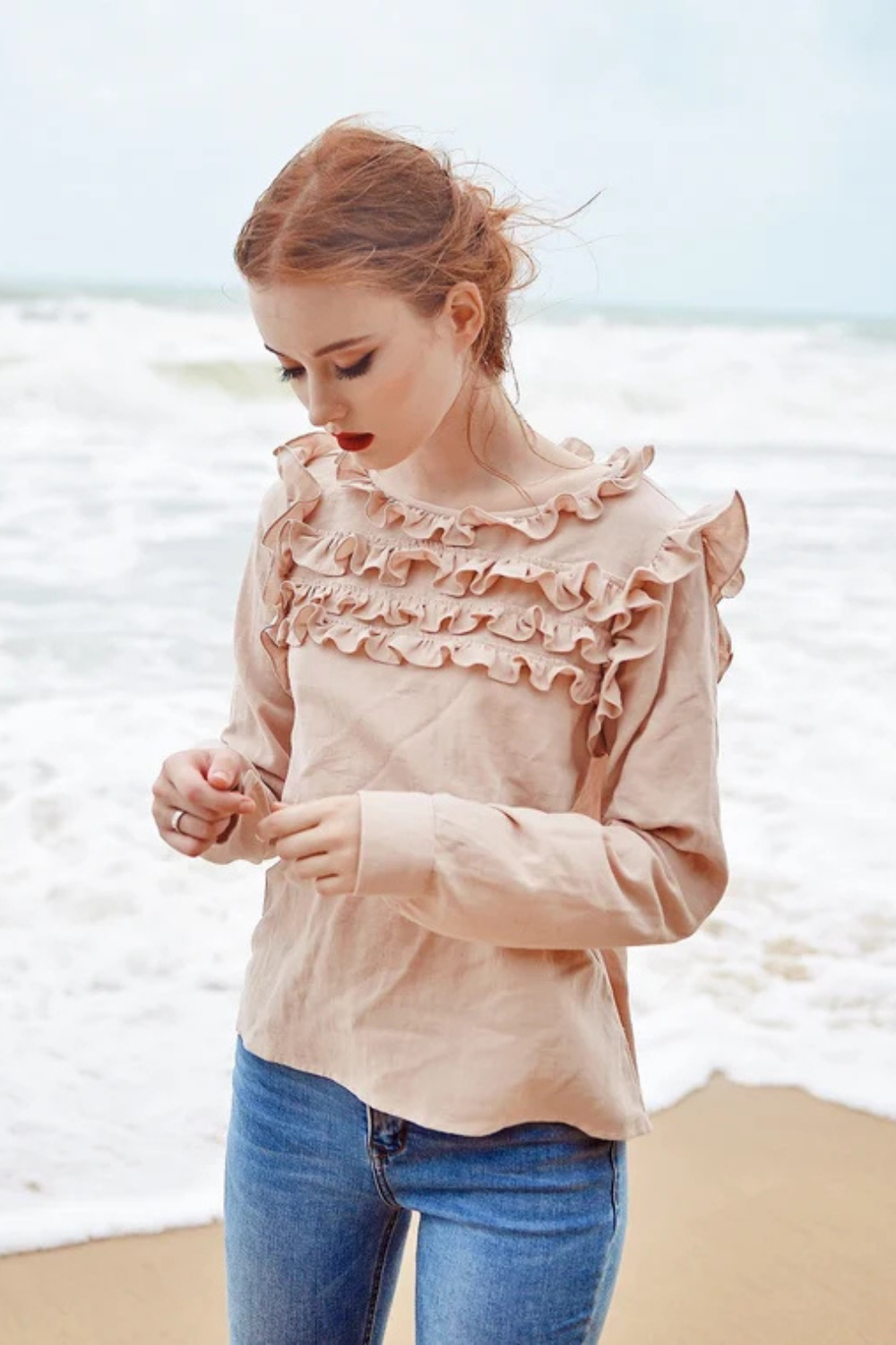 Cotton Linen Blouse with Ruffled Bib