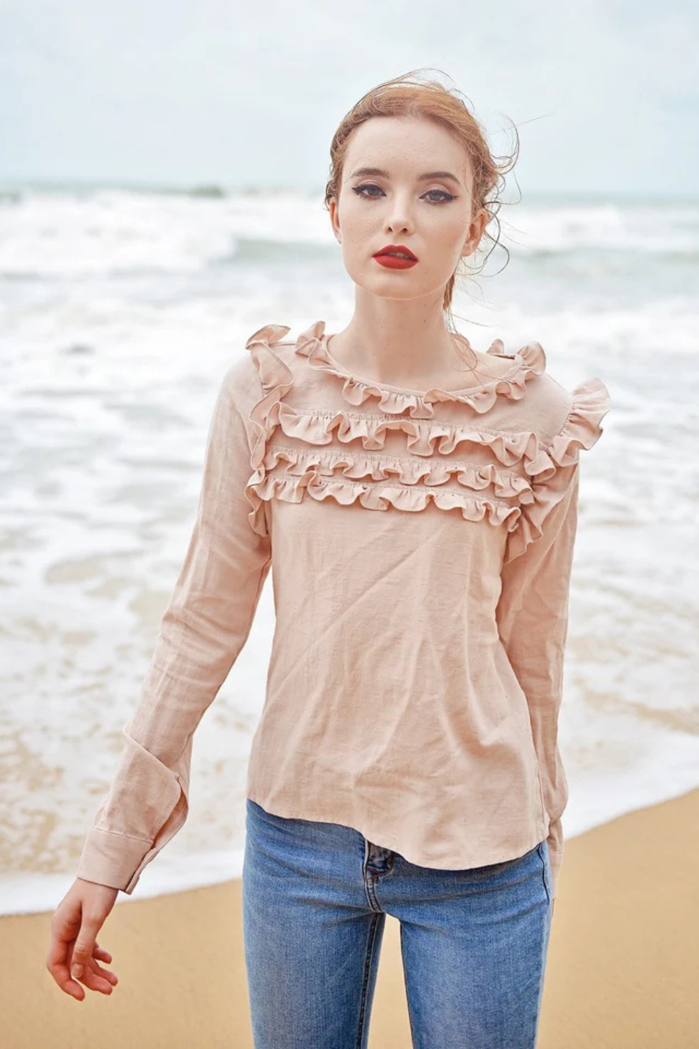Cotton Linen Blouse with Ruffled Bib