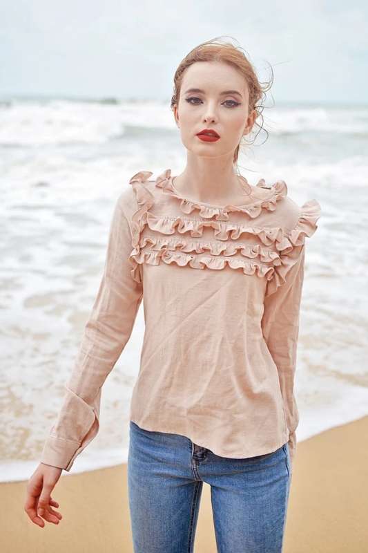 Cotton Linen Blouse with Ruffled Bib