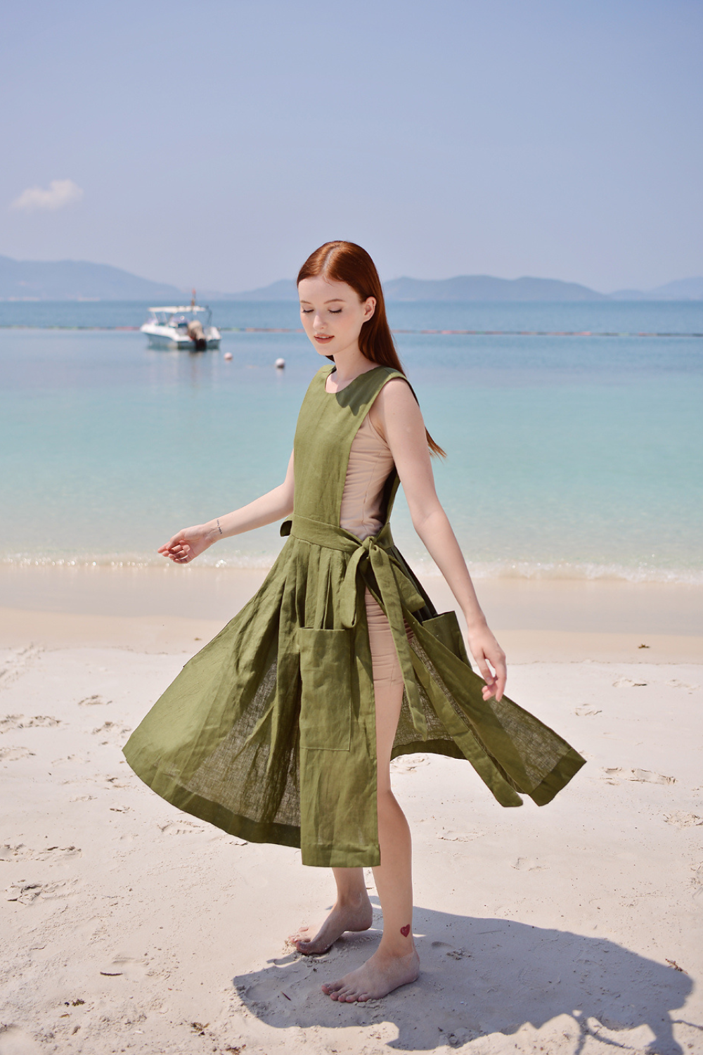 Pure Linen Apron Dress for Women, Adjustable Tie Waist Linen Dress