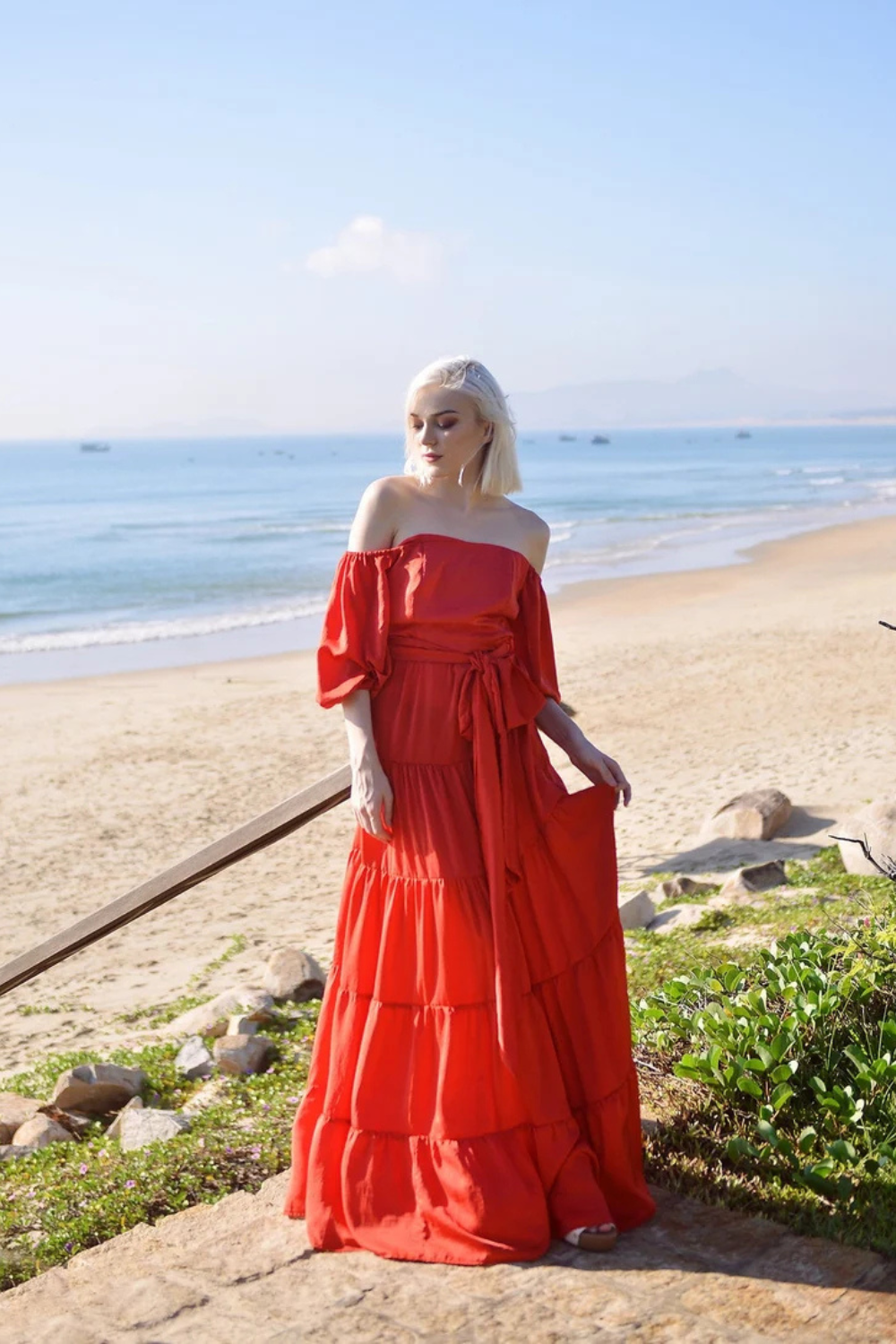 Maxi Silk Dress - Long Beach Dress - Women Off-shoulder Maxi Silk Dress - Boho Silk Dress