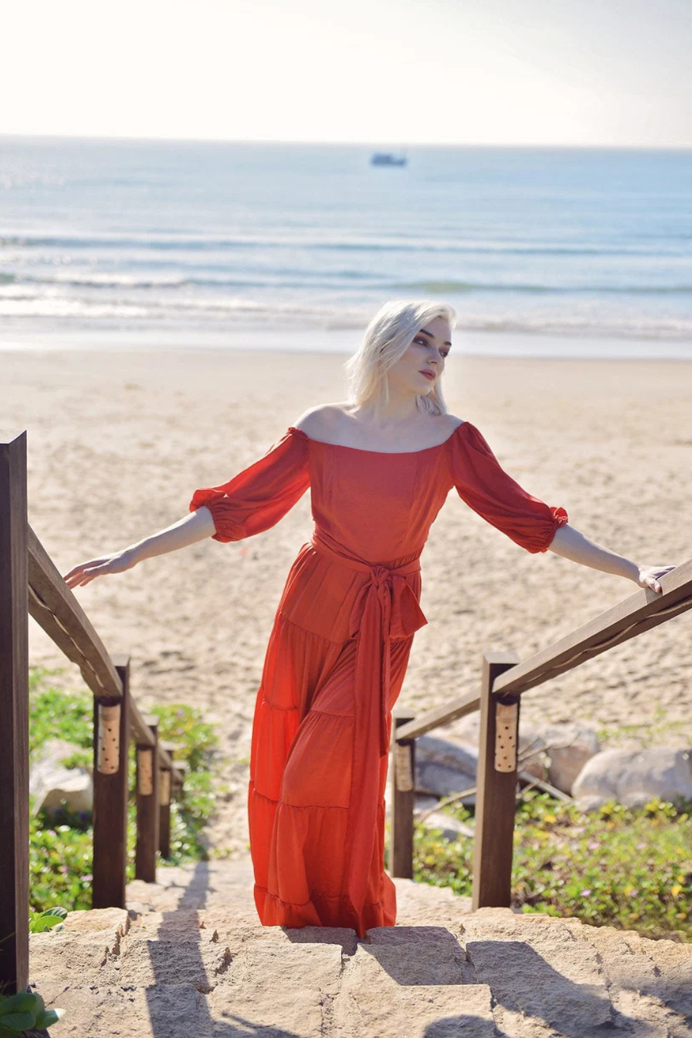 Maxi Silk Dress - Long Beach Dress - Women Off-shoulder Maxi Silk Dress - Boho Silk Dress