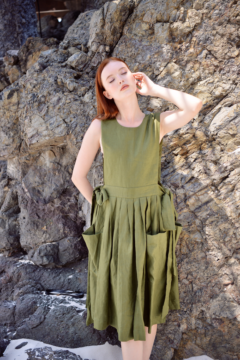 Pure Linen Apron Dress for Women, Adjustable Tie Waist Linen Dress