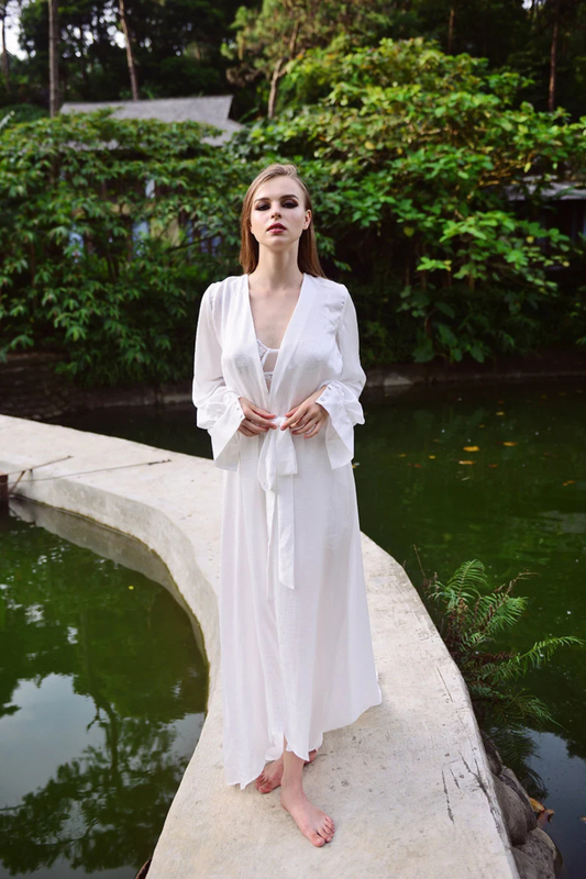 Silk Robe Long Train - Bridal Long Robe - Getting Ready Robe - Floor Length Gown - Long Dressing Gown - Long Train Wedding Robe