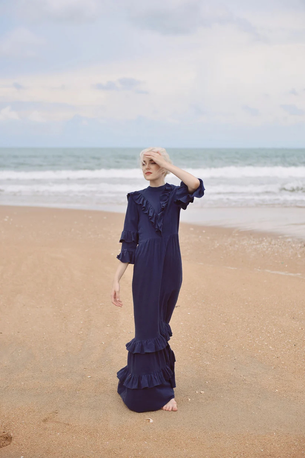 Cotton Dress with Frills - Cotton Linen Maxi Dress - Women Full Length Dress - Organic Clothing