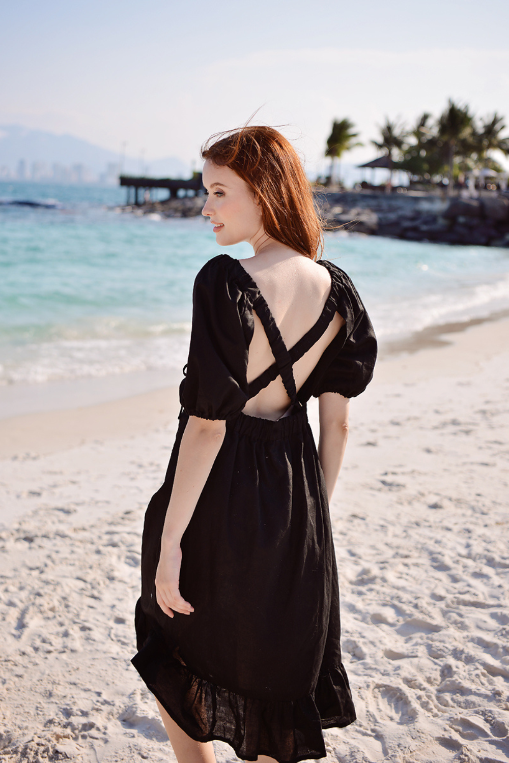 Pure Linen Cross Back Dress, Ruffle Hem Linen Summer Dress for Women