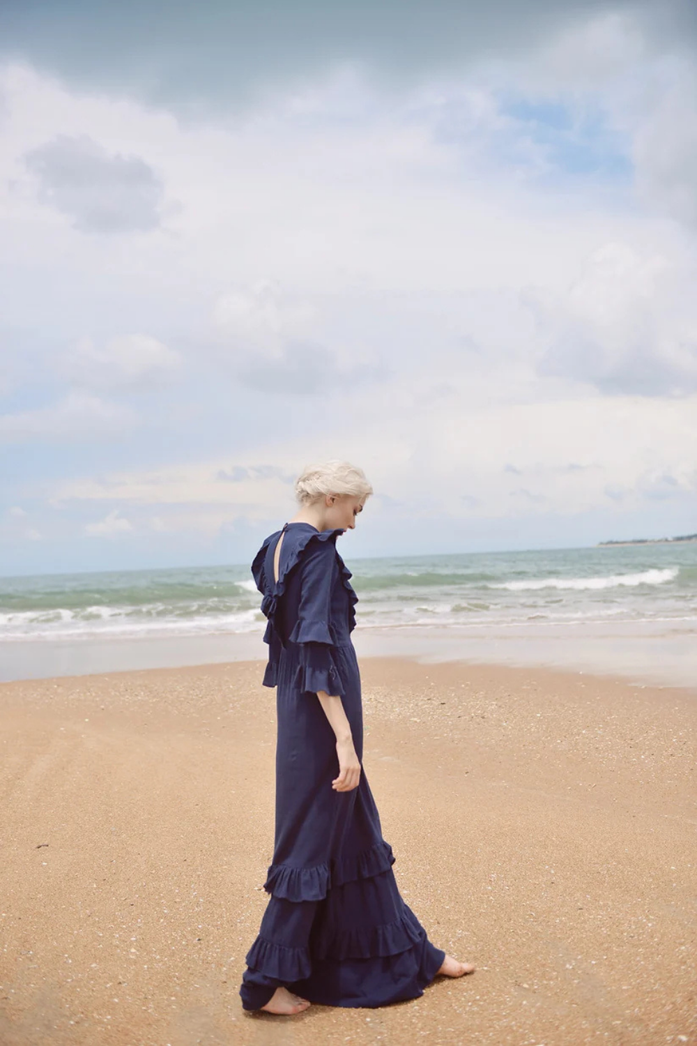 Cotton Dress with Frills - Cotton Linen Maxi Dress - Women Full Length Dress - Organic Clothing