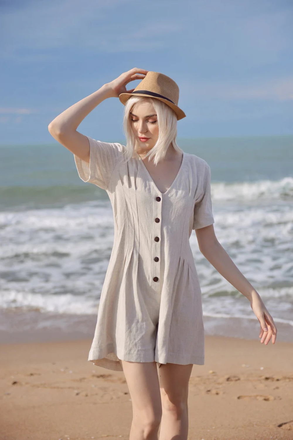 Linen Women Romper - Linen Jumpsuit for Women - Short Linen Jumper -  Organic Cotton Romper