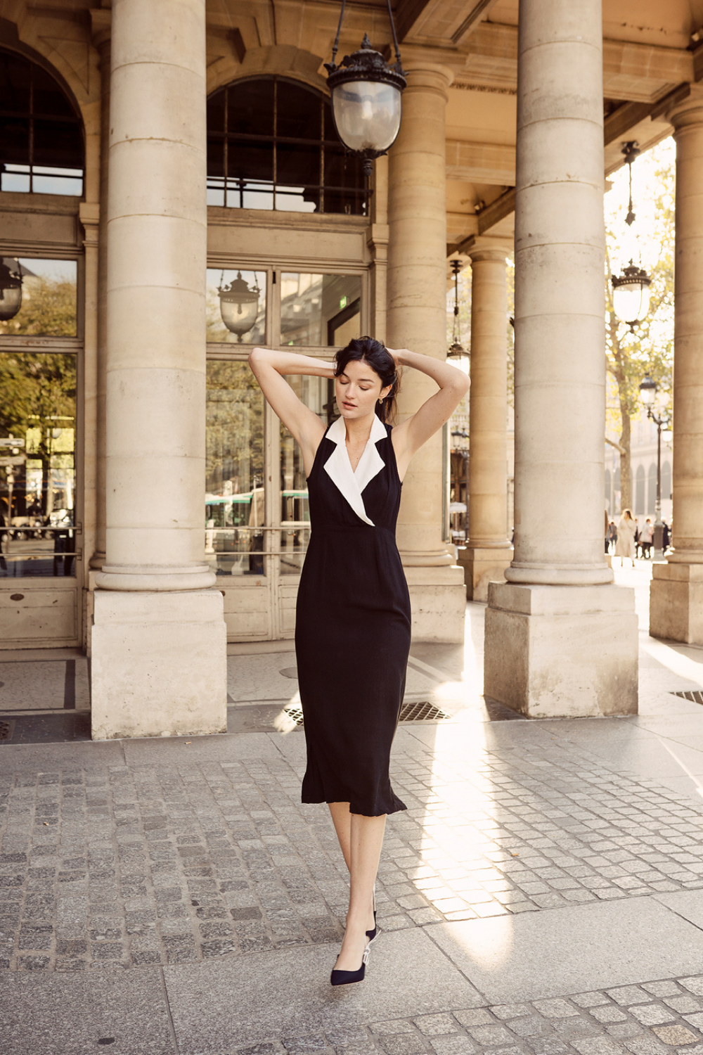 Tailored Sleeveless Flaxseed Linen Dress with Contrast Notch Collar