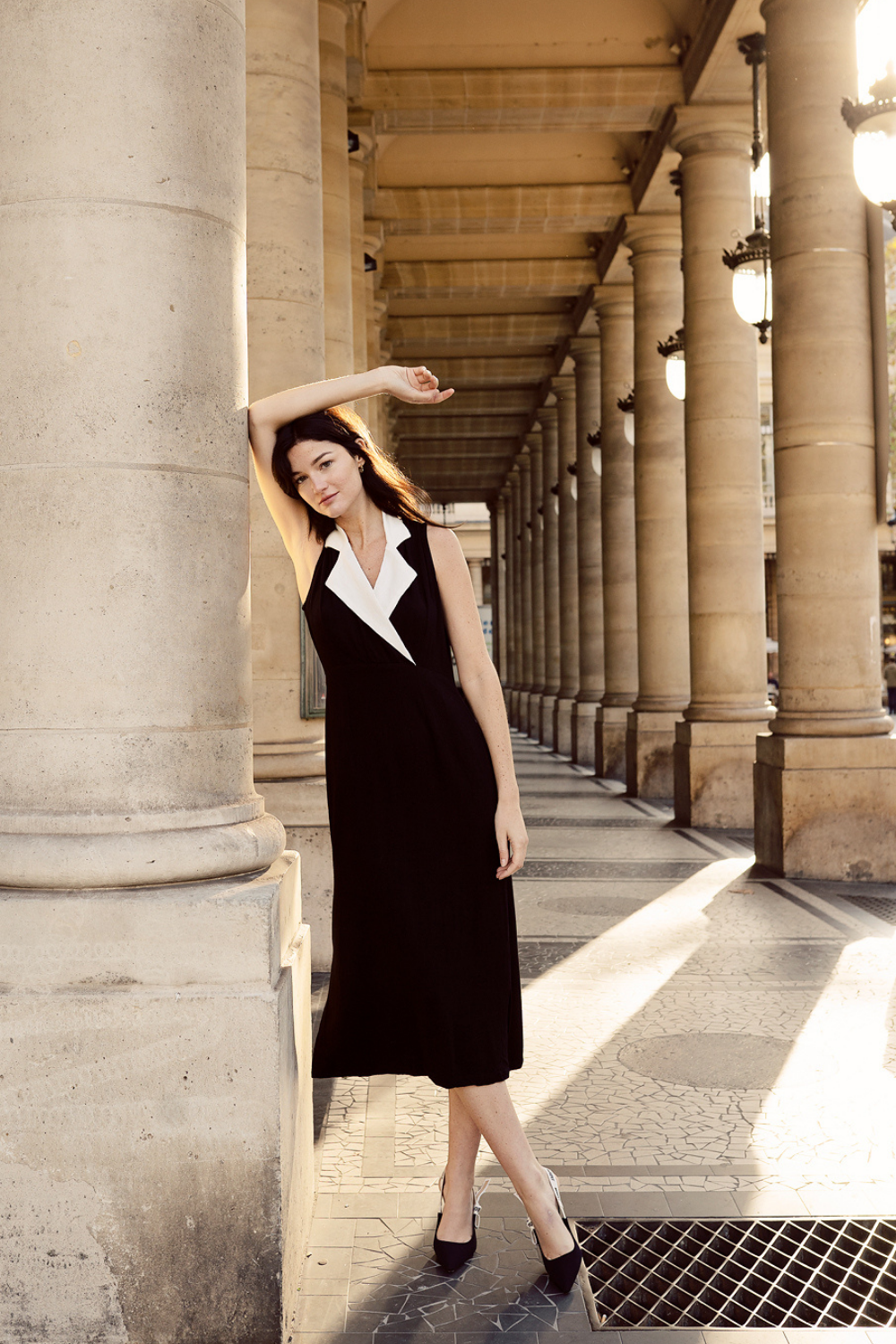 Tailored Sleeveless Flaxseed Linen Dress with Contrast Notch Collar
