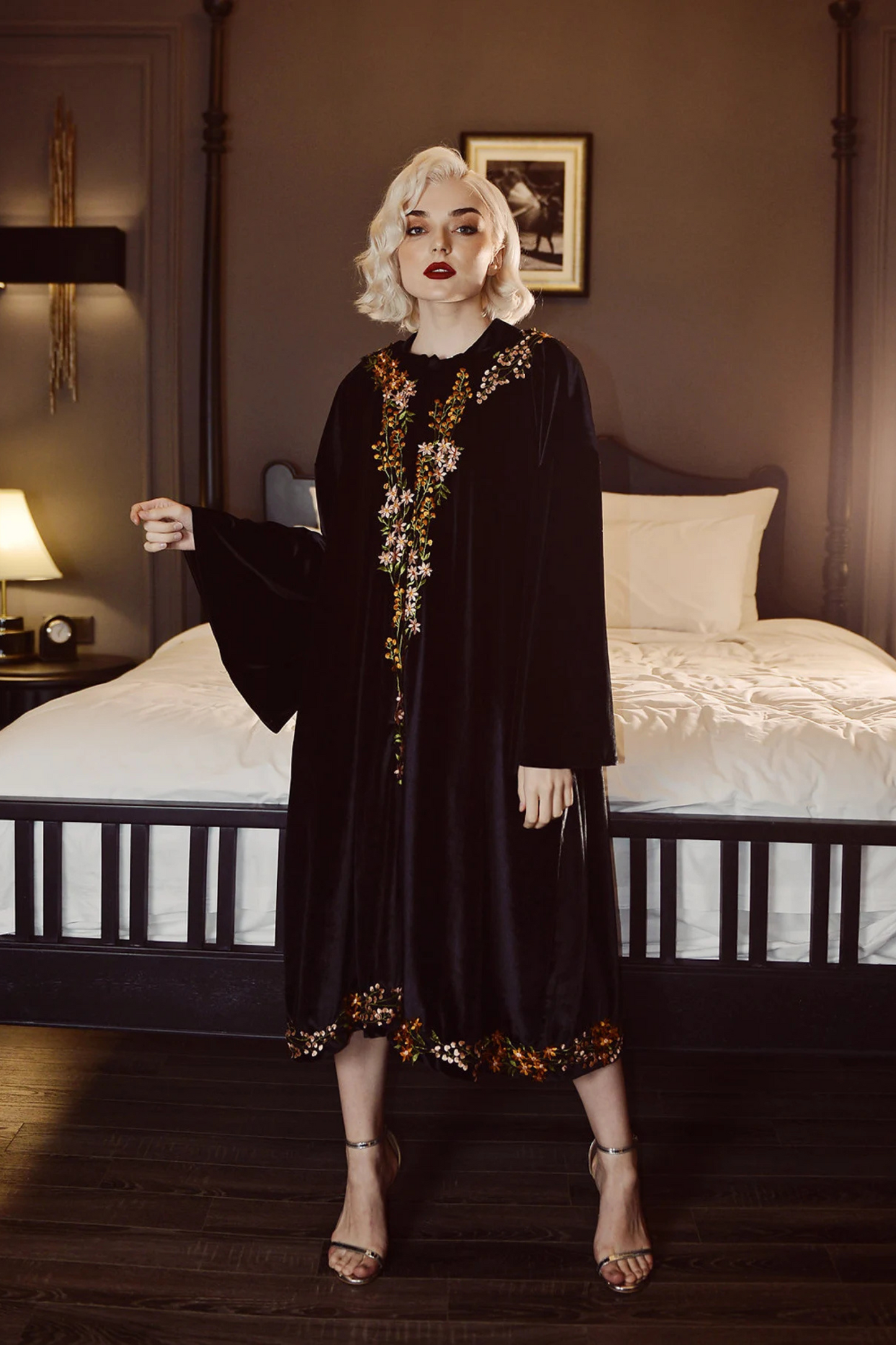 ALEXIS Flower Embroidered Velvet Robe