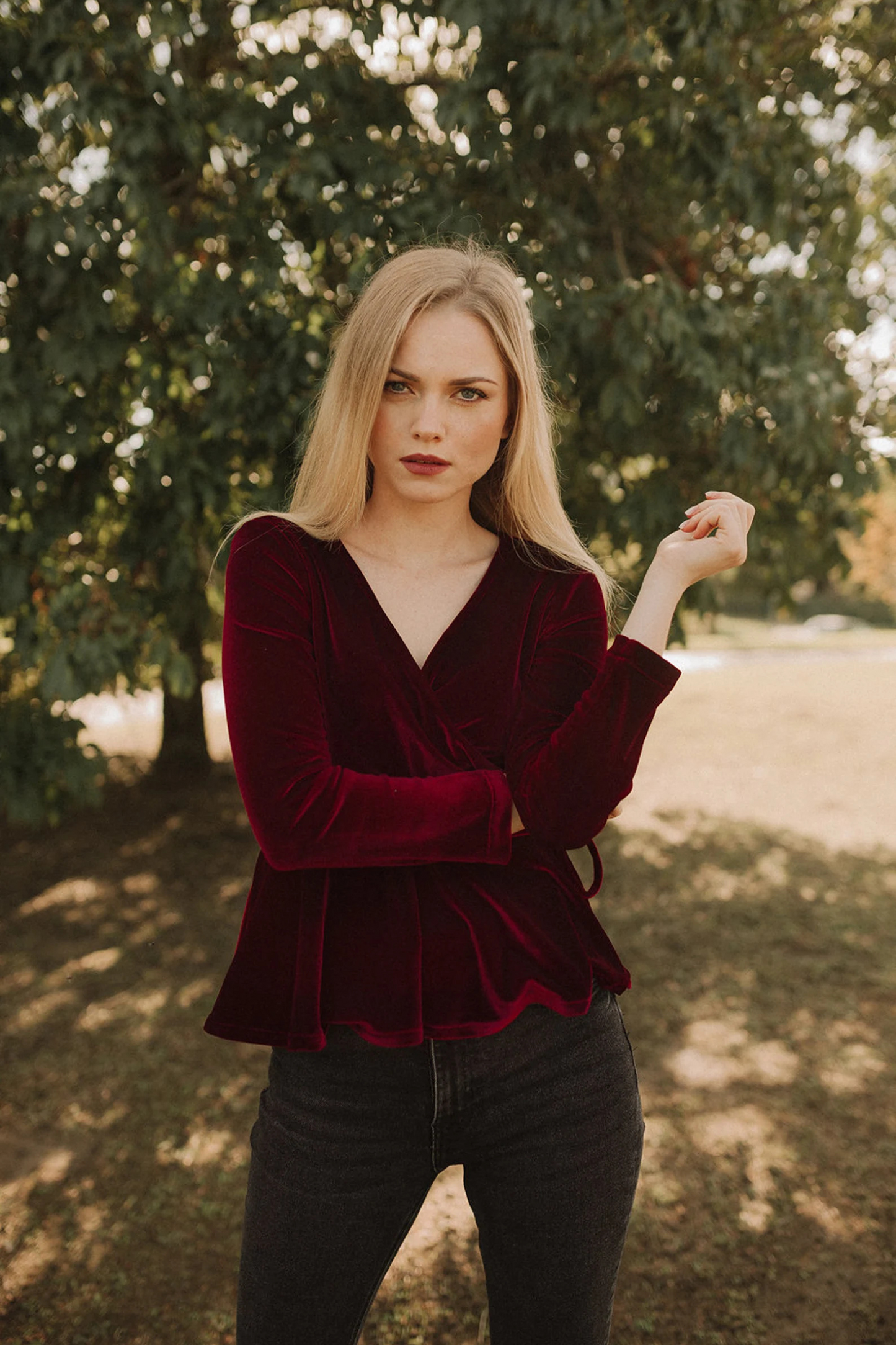 MONET Velvet Long Sleeve Wrap Top