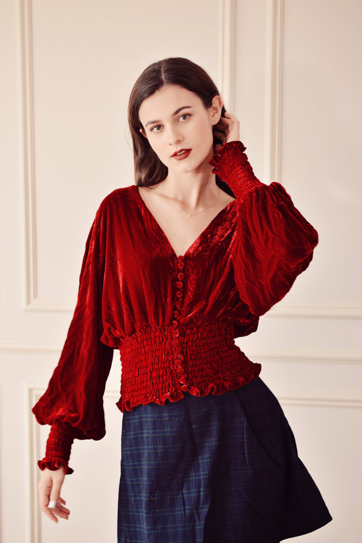 YVIE Velvet Elastic Waist Blouse