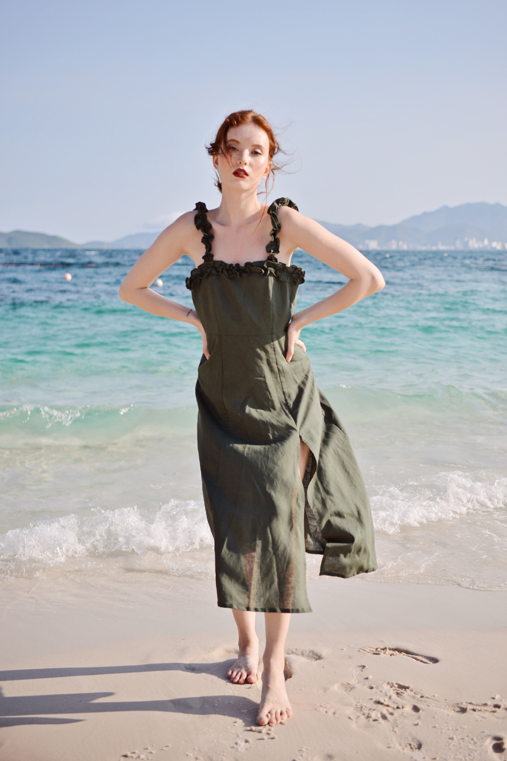 Pure Flax Linen Midi Dress – Seaweed Green (191gsm)