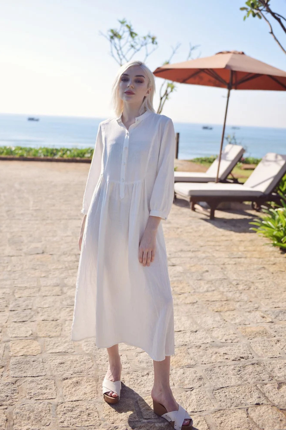 Linen Kaftan Tunic Dress - Cotton Mid-calf Tunic Dress - Organic Clothing
