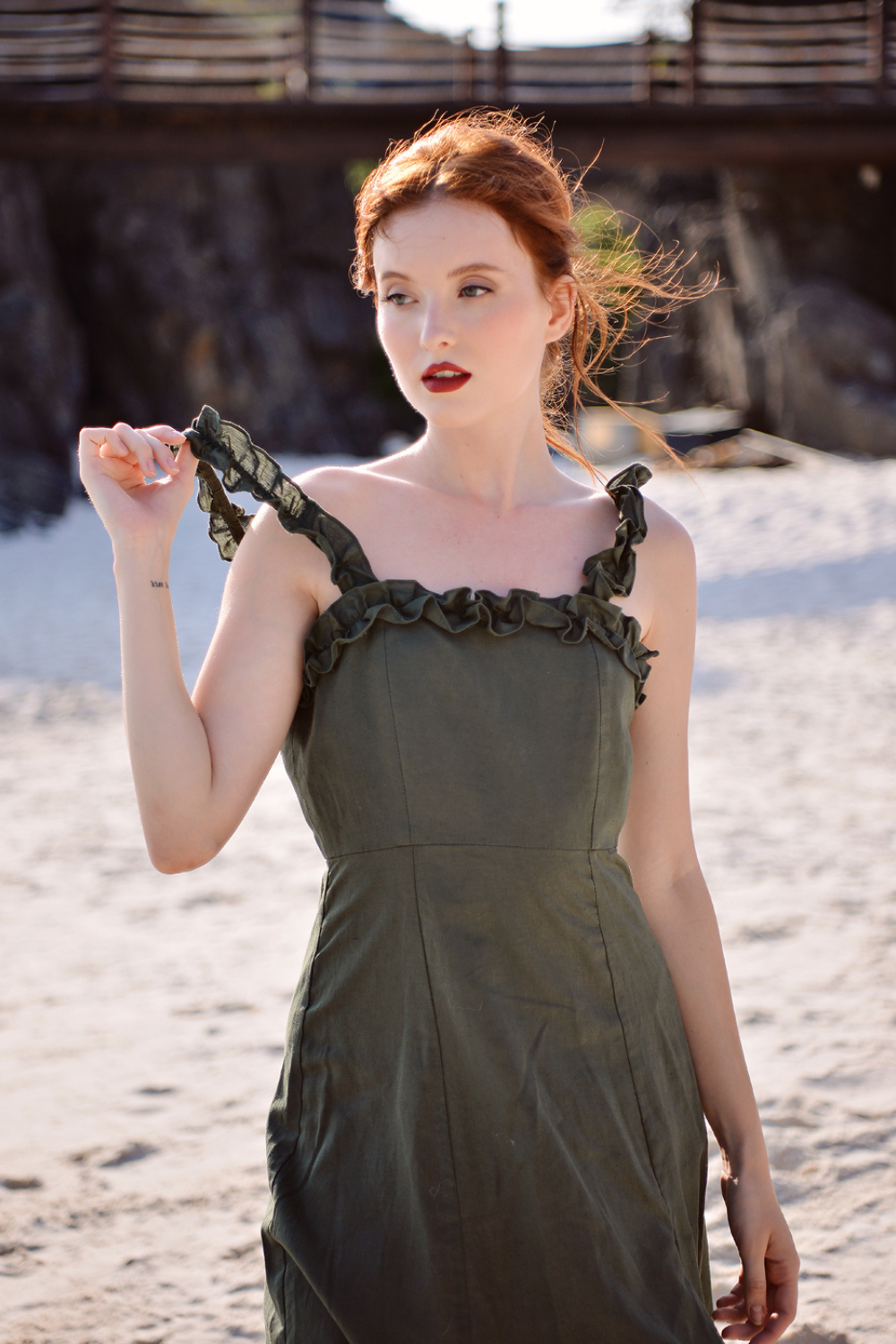 Pure Flax Linen Midi Dress – Seaweed Green (191gsm)