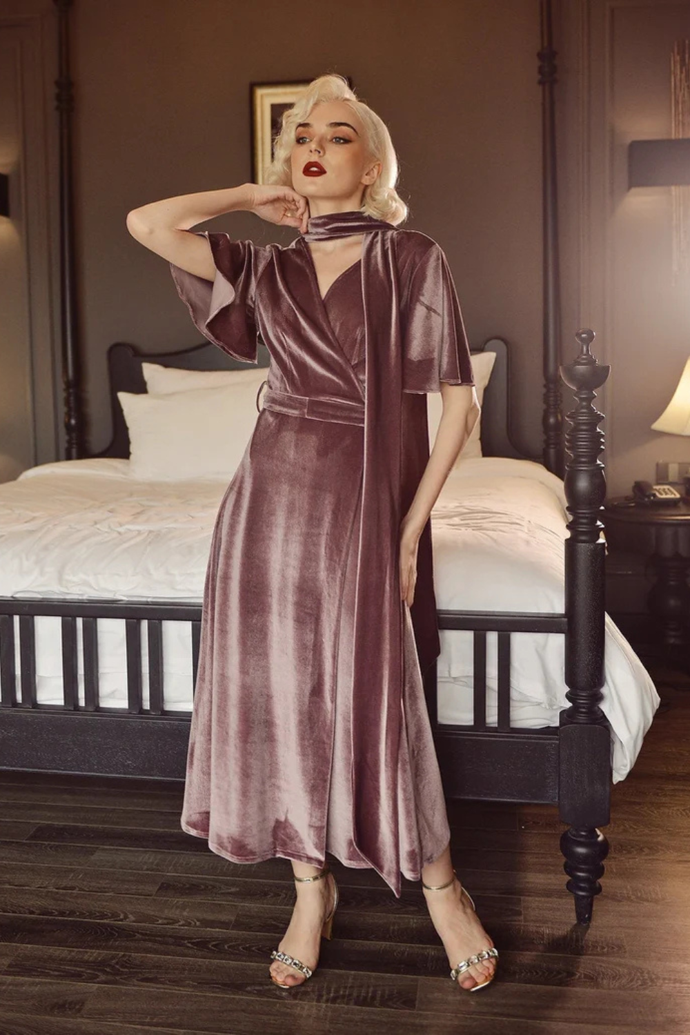 Winter Midi Velvet Dress with Neck Tie