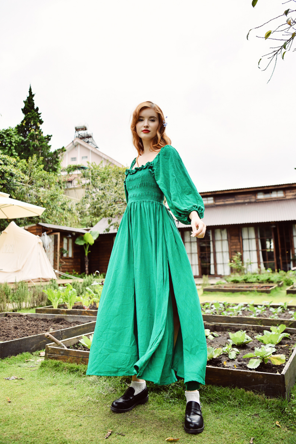 Cotton Linen Milkmaid Midi Dress for Women