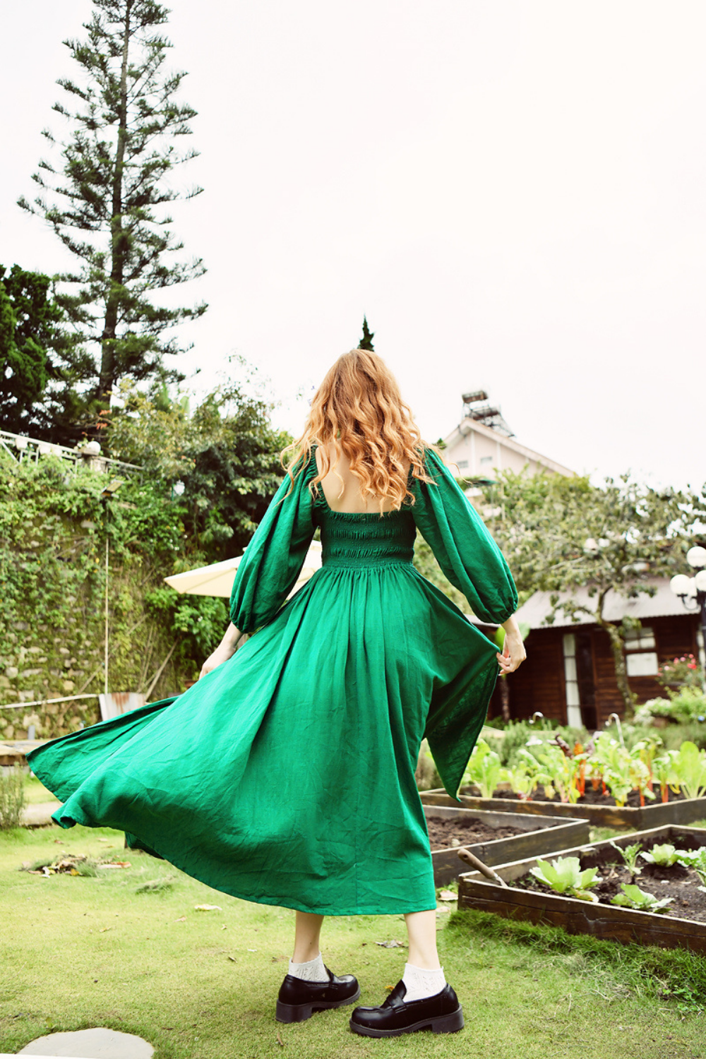 Cotton Linen Milkmaid Midi Dress for Women
