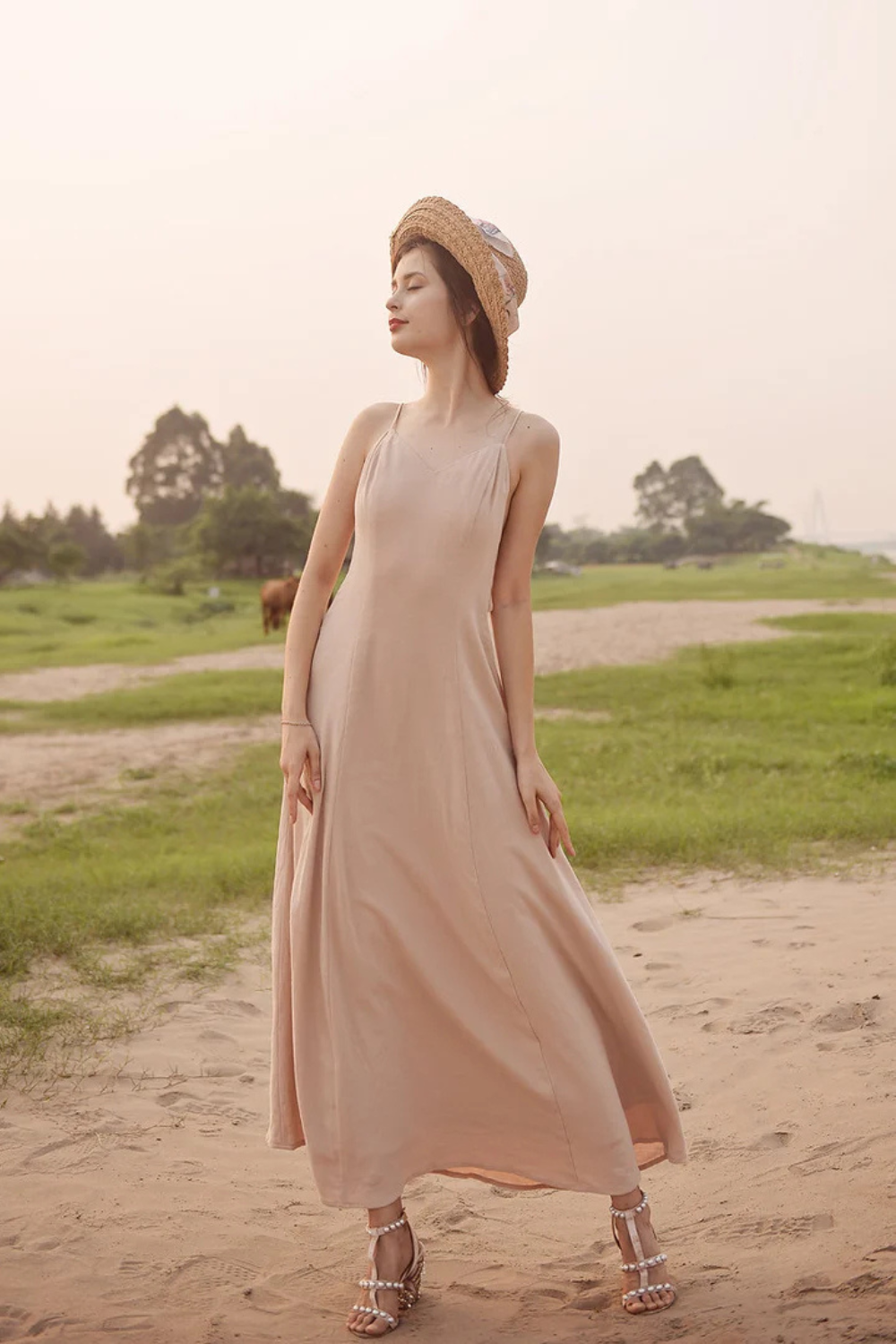 Open back Cotton Dress - Cotton Full Length Dress - Openback Linen Dress - Natural Fabric