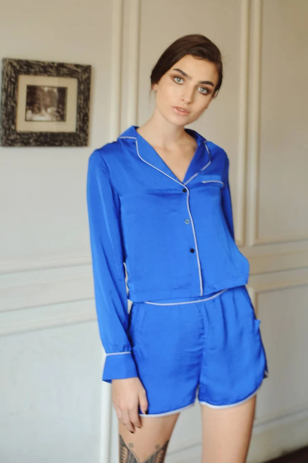 Women Silk Pajamas Set Cropped - With seashell buttons