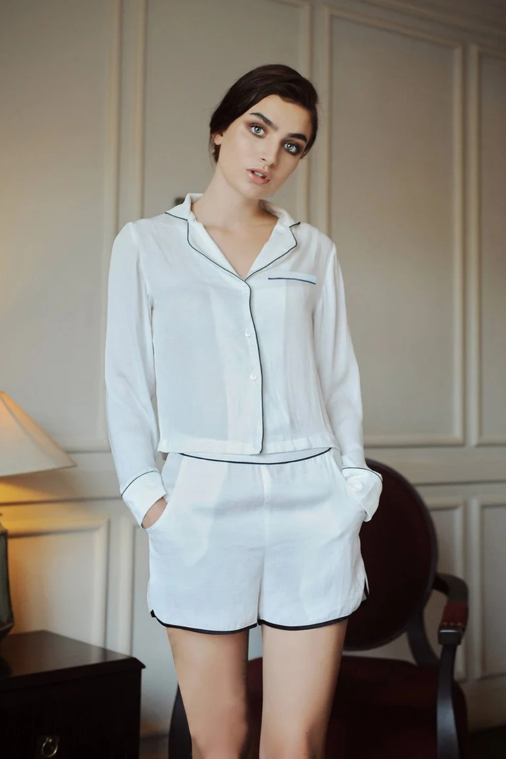 Women Silk Pajamas Set Cropped - With seashell buttons
