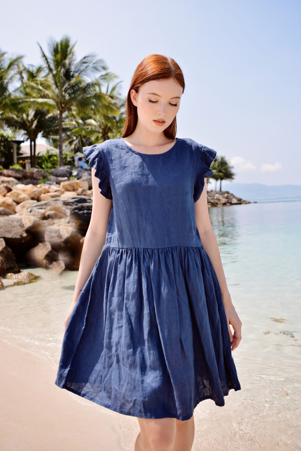 Short Linen Dress with Ruffle Sleeves