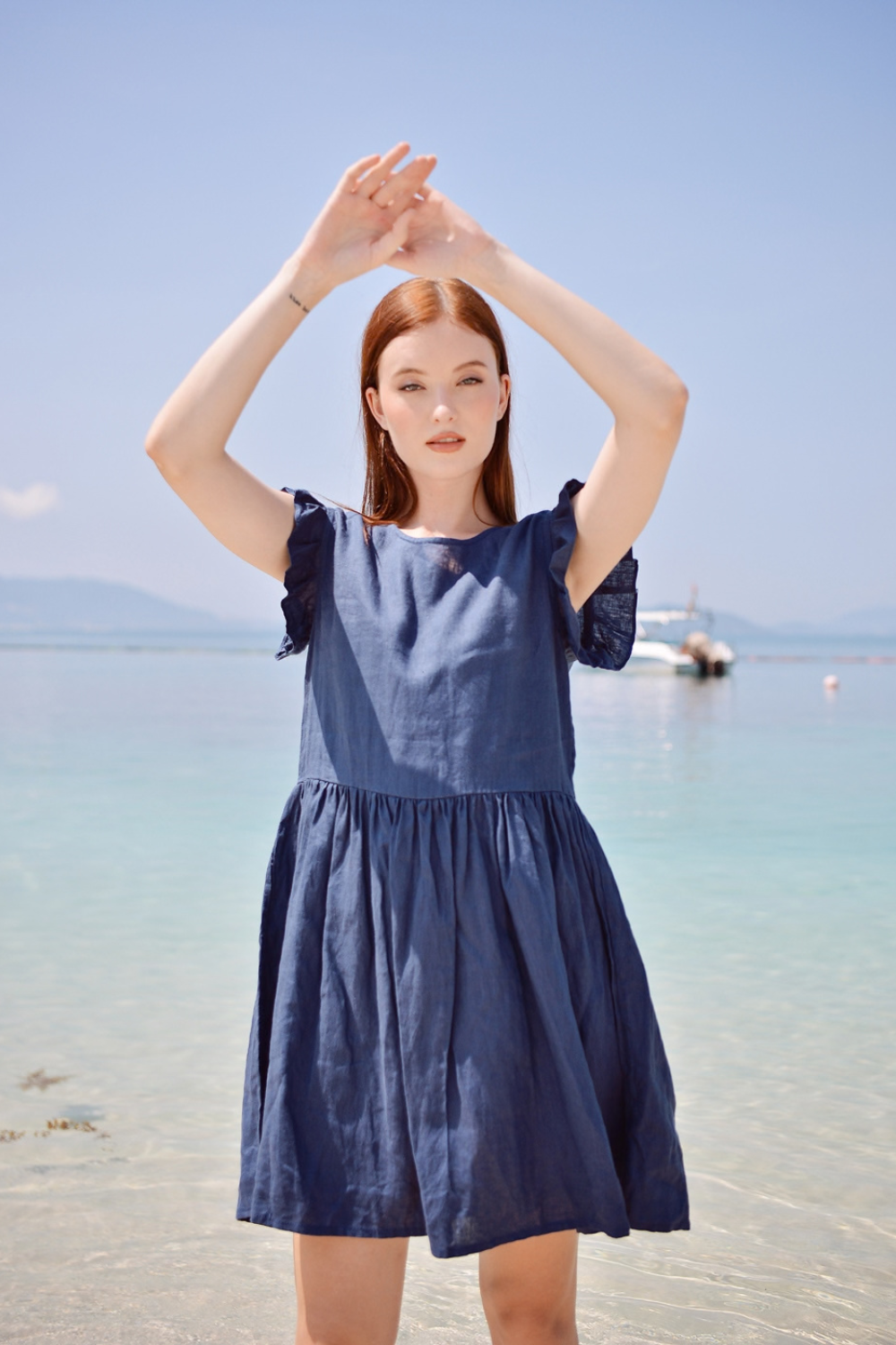 Short Linen Dress with Ruffle Sleeves