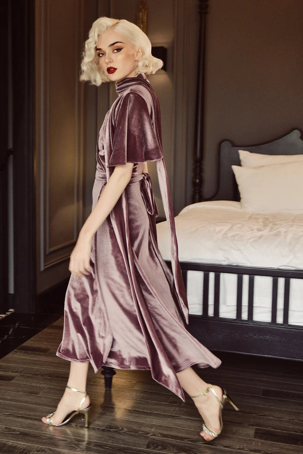Winter Midi Velvet Dress with Neck Tie