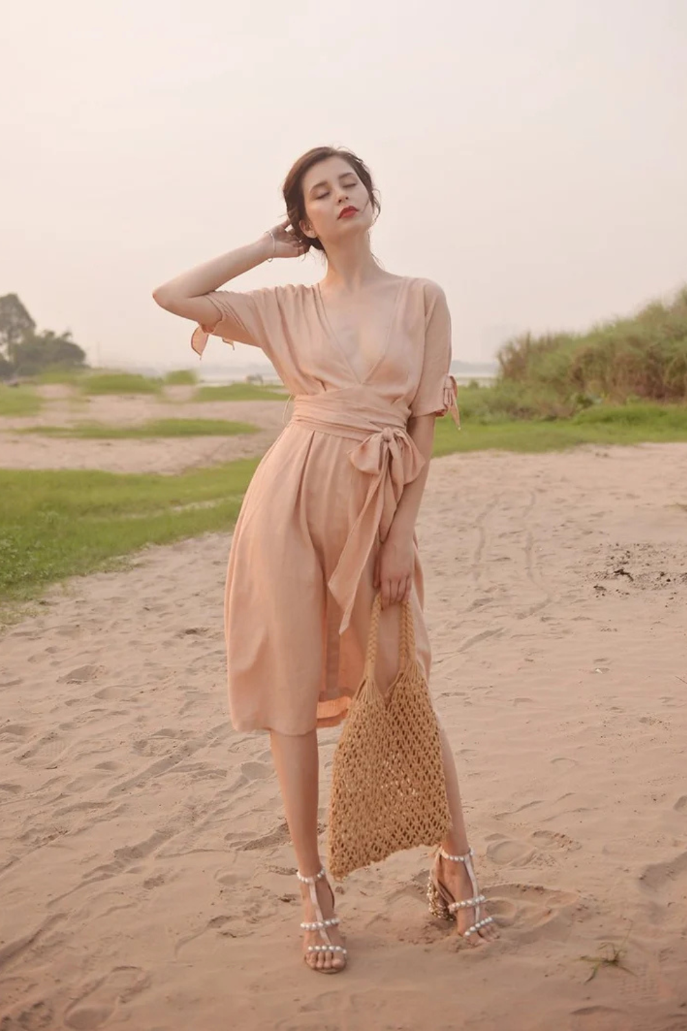 Linen Midi Dress with Tie Waist