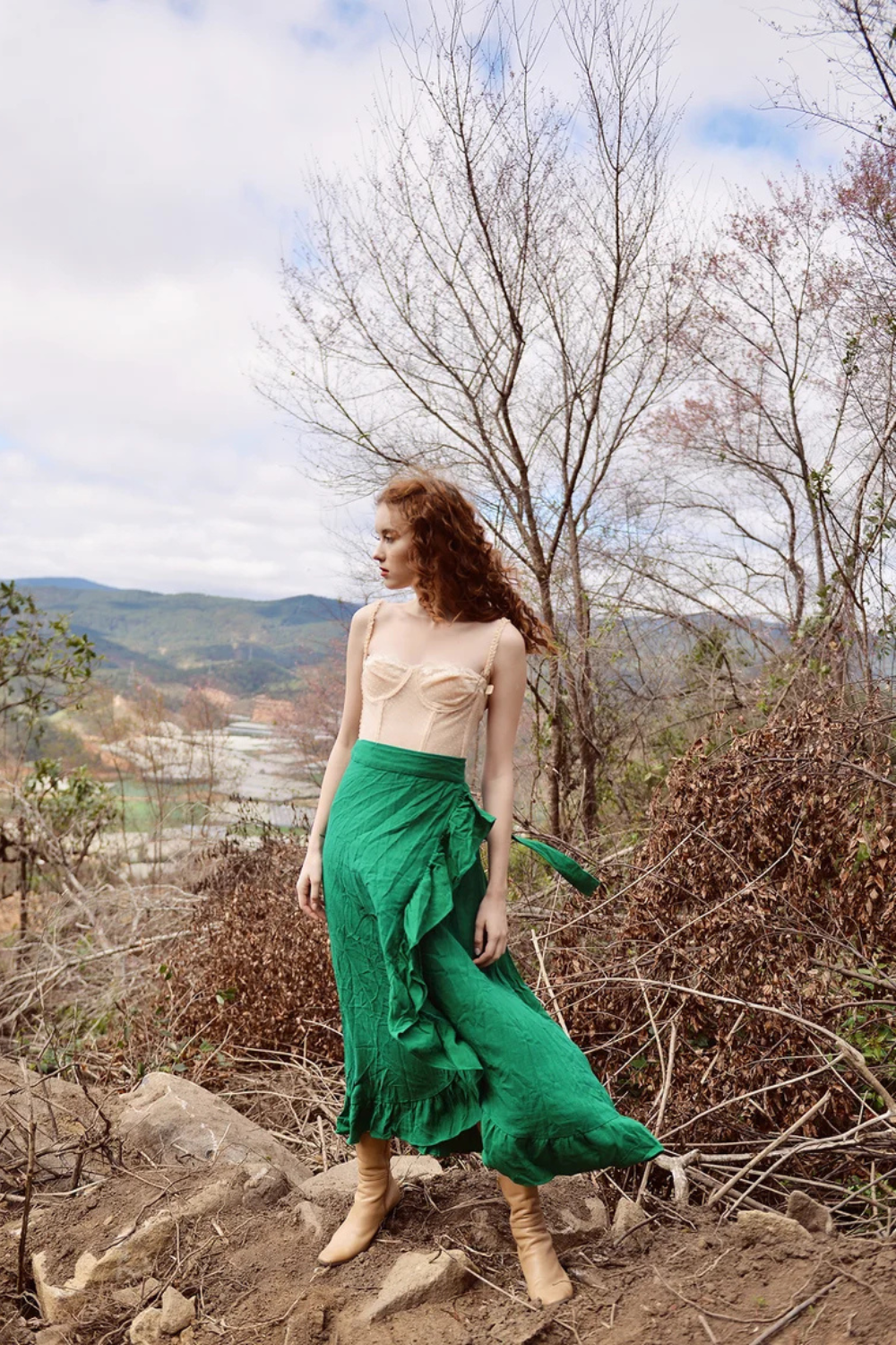 Cotton Linen Ruffle Trim Wrap Skirt