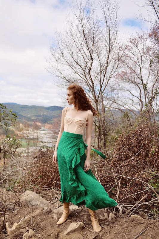 Cotton Linen Ruffle Trim Wrap Skirt