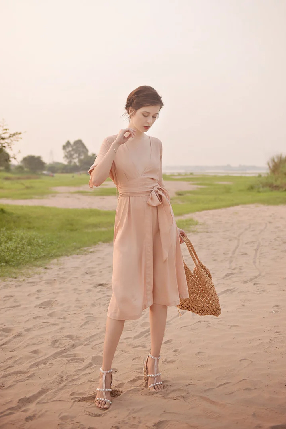Linen Midi Dress with Tie Waist