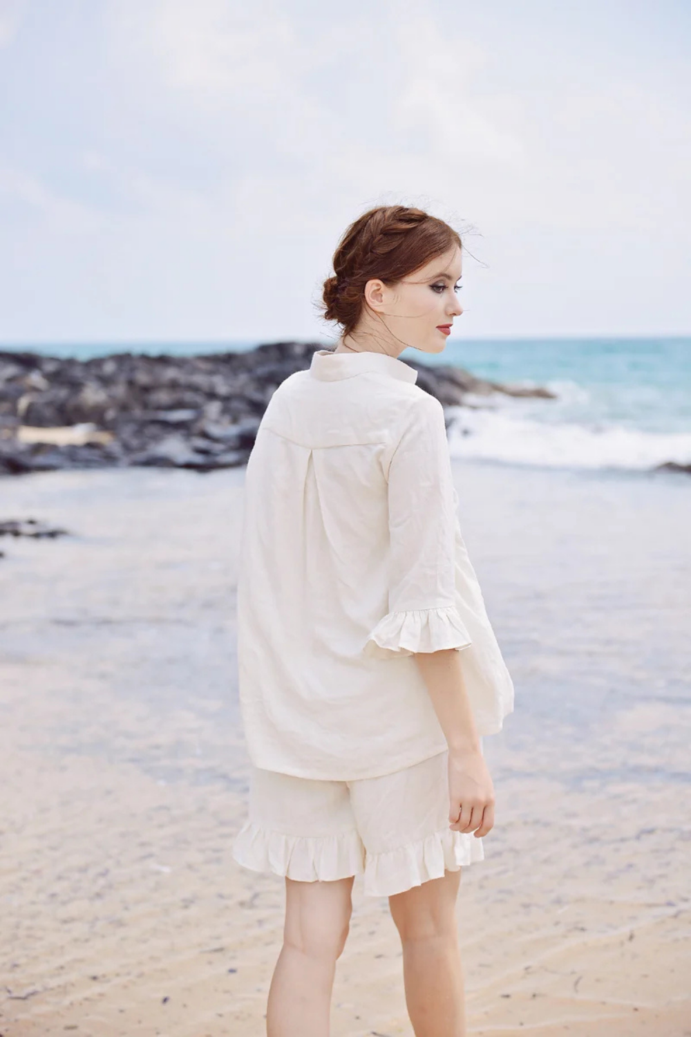 Linen Pajama Set with Ruffle Shorts