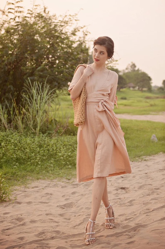 Linen Midi Dress with Tie Waist