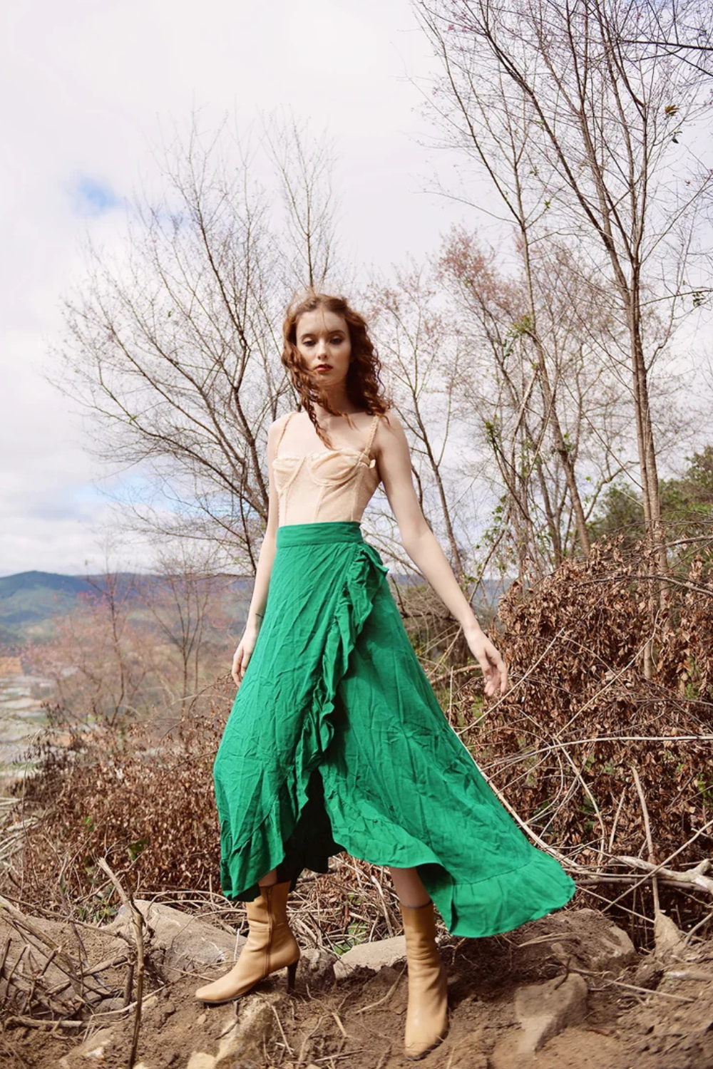 Cotton Linen Ruffle Trim Wrap Skirt