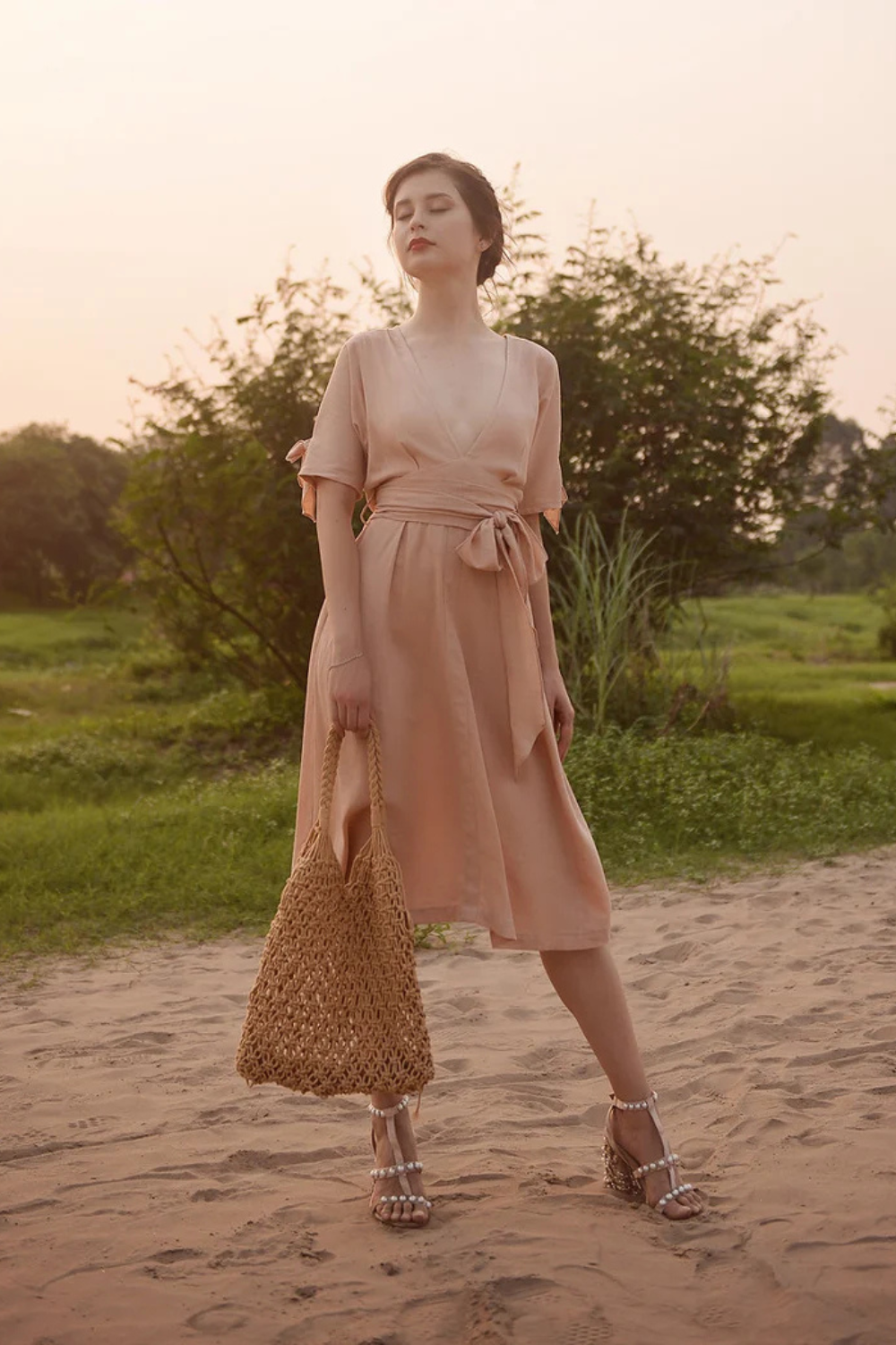 Linen Midi Dress with Tie Waist