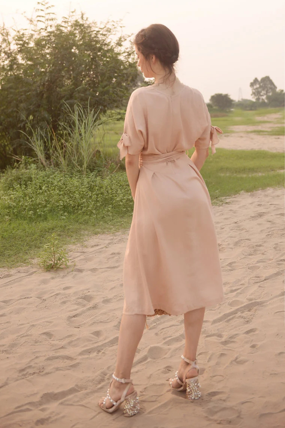 Linen Midi Dress with Tie Waist