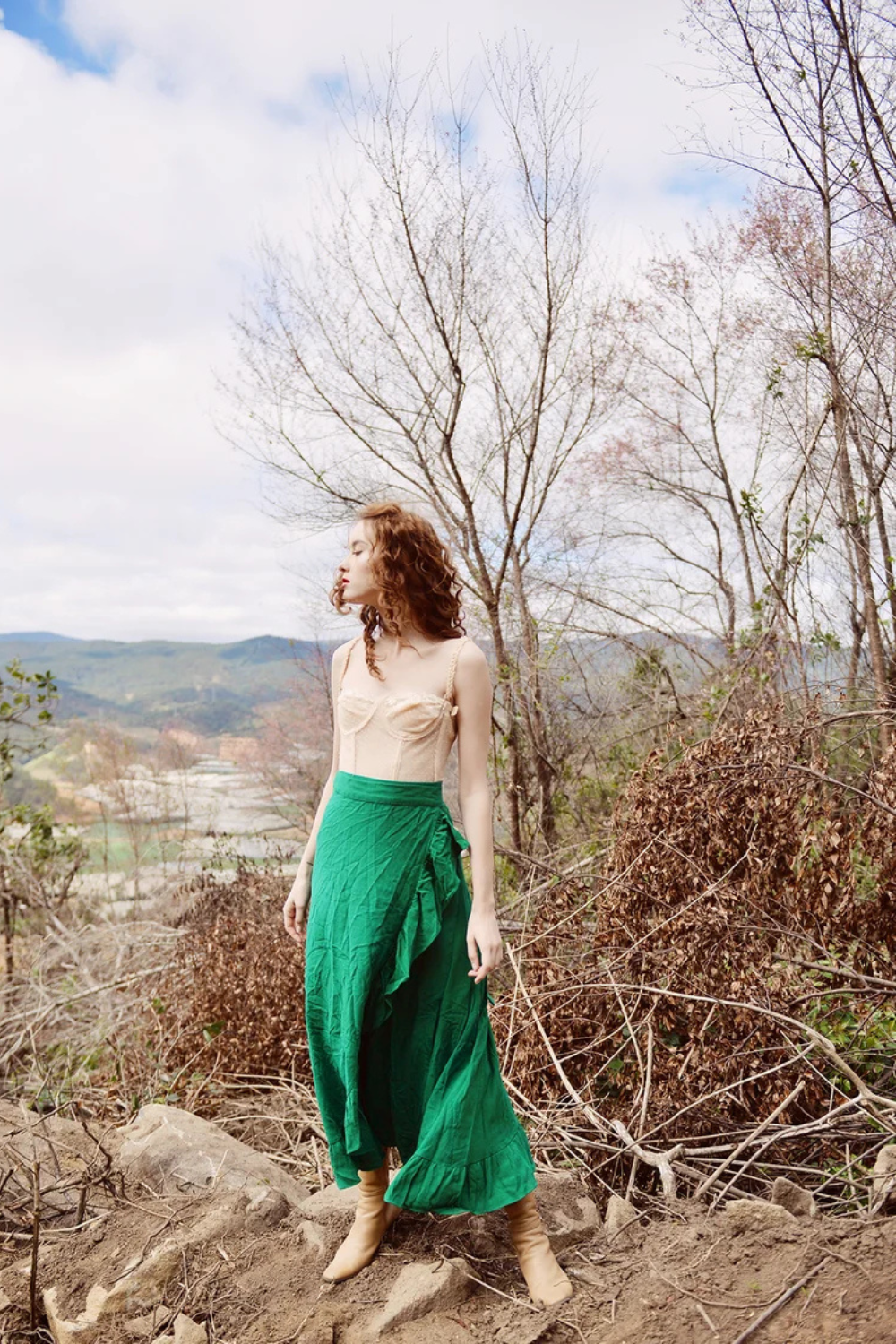 Cotton Linen Ruffle Trim Wrap Skirt