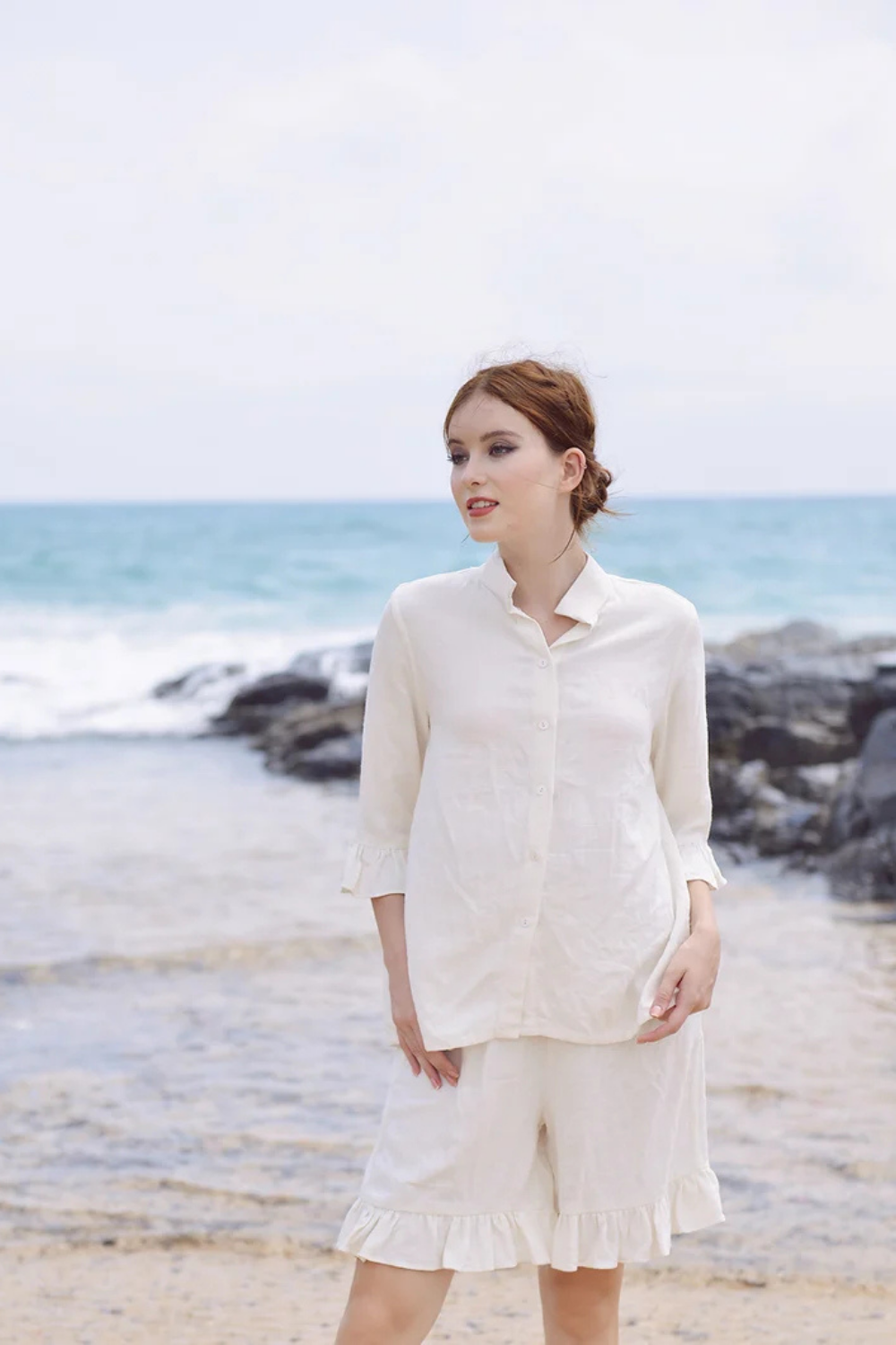 Linen Pajama Set with Ruffle Shorts
