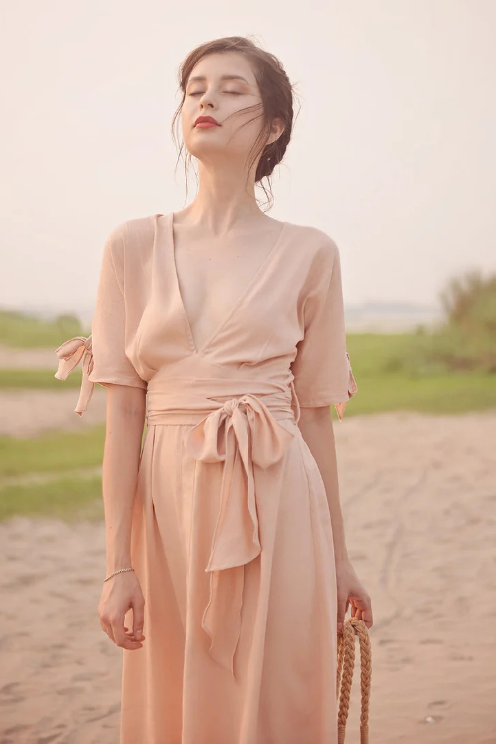 Linen Midi Dress with Tie Waist