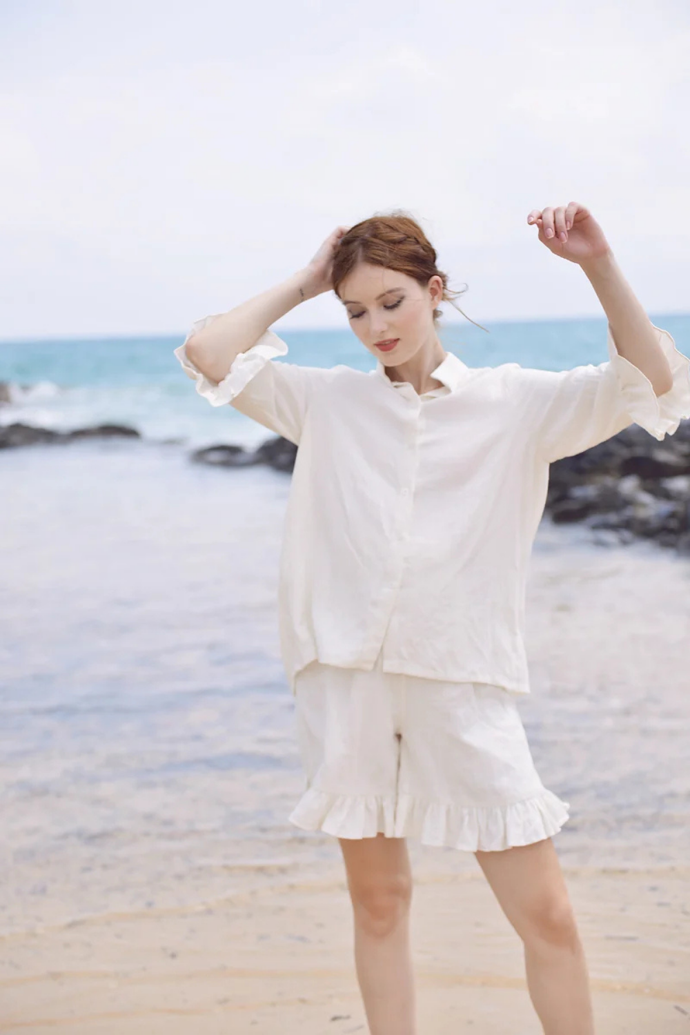 Linen Pajama Set with Ruffle Shorts