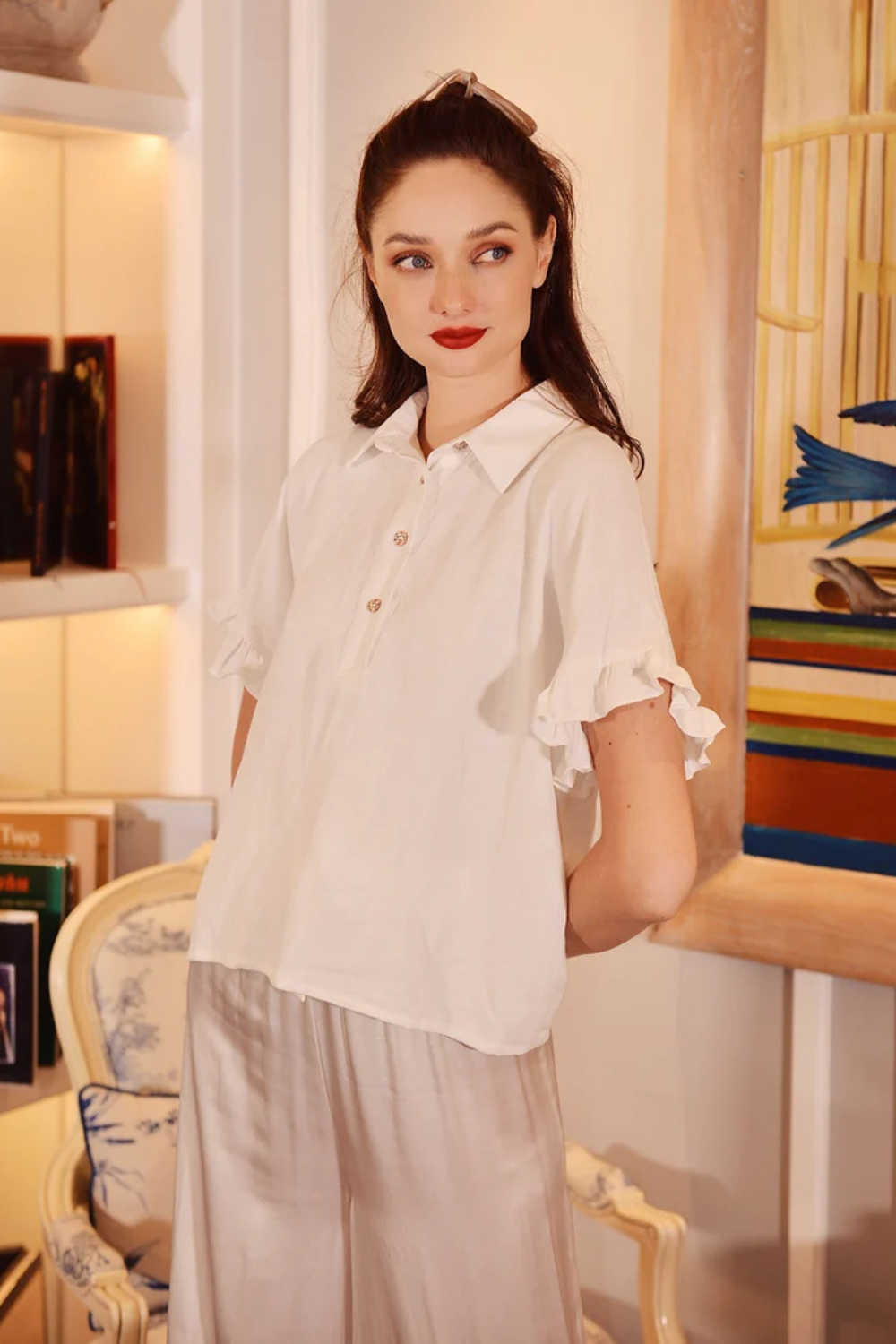 White Linen Blouse with Ruffle Sleeves