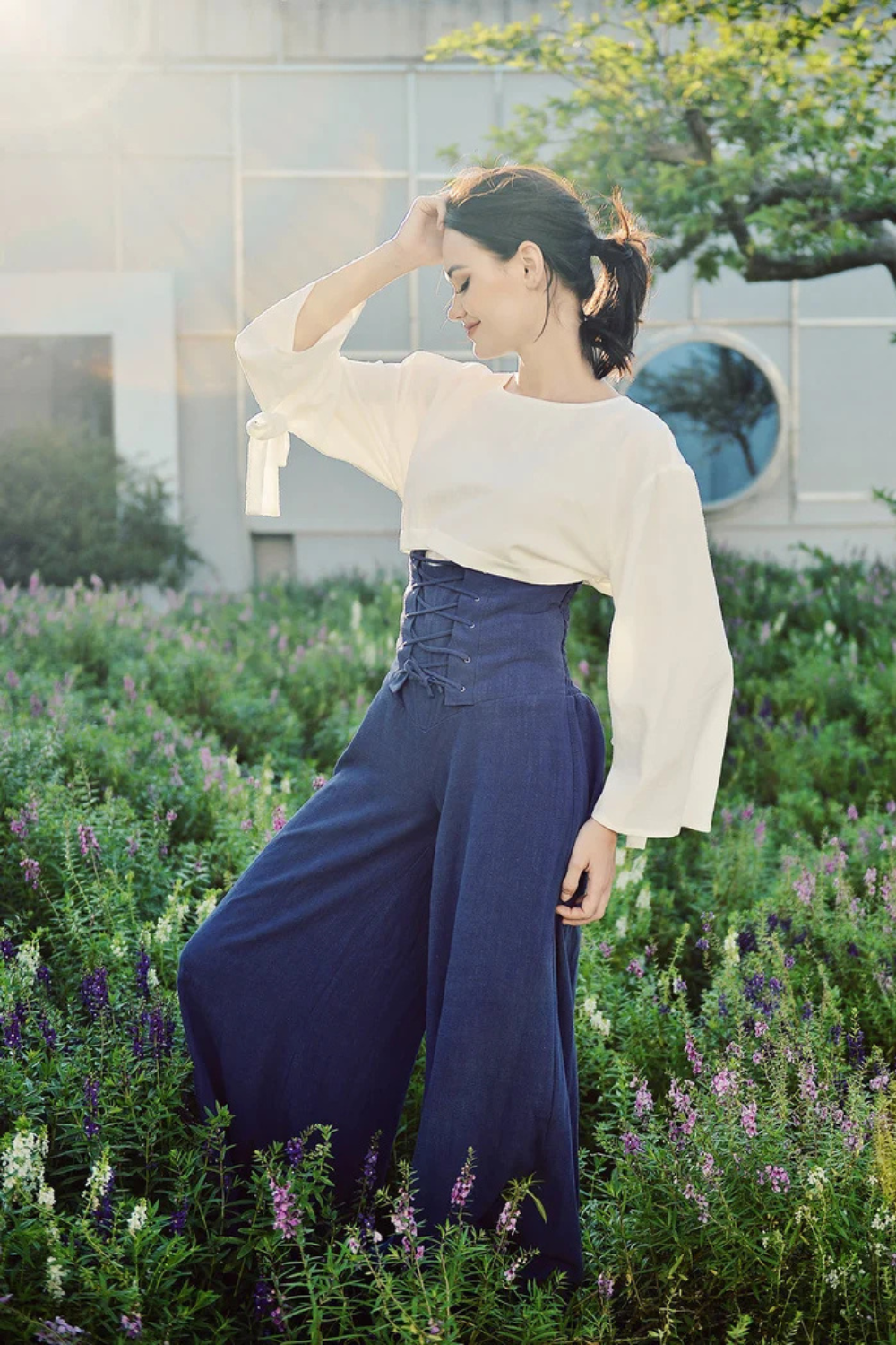 High Waisted Linen Pants with Lace-Up Waist