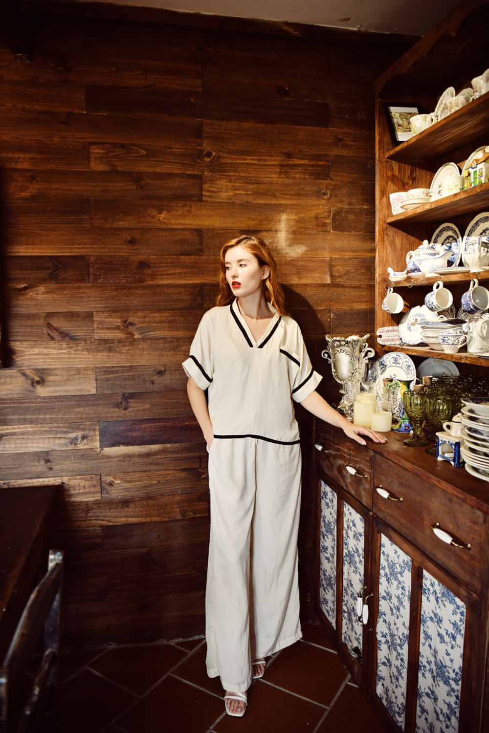 Silk Pajama Set Contrast Piping