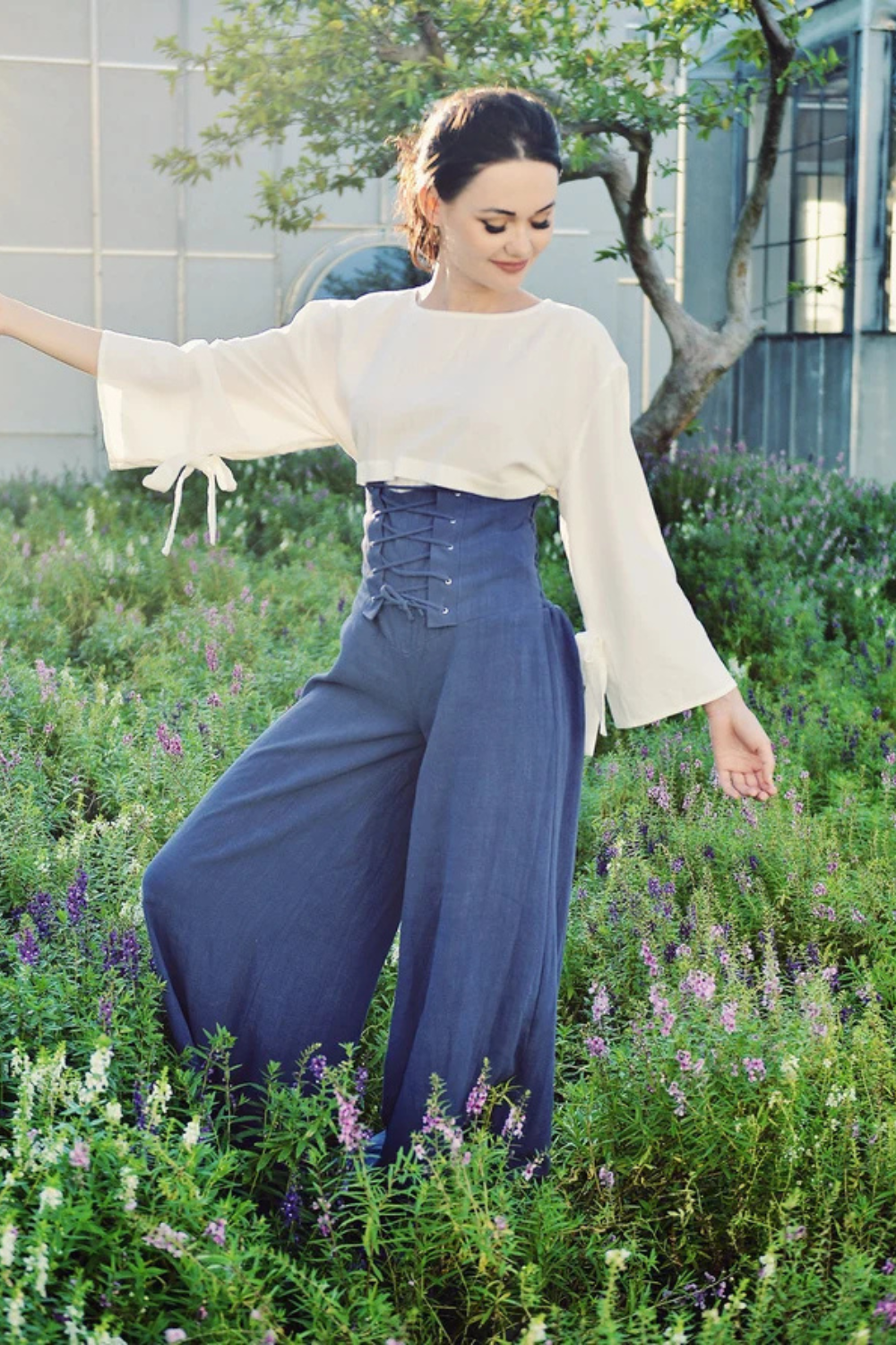 High Waisted Linen Pants with Lace-Up Waist